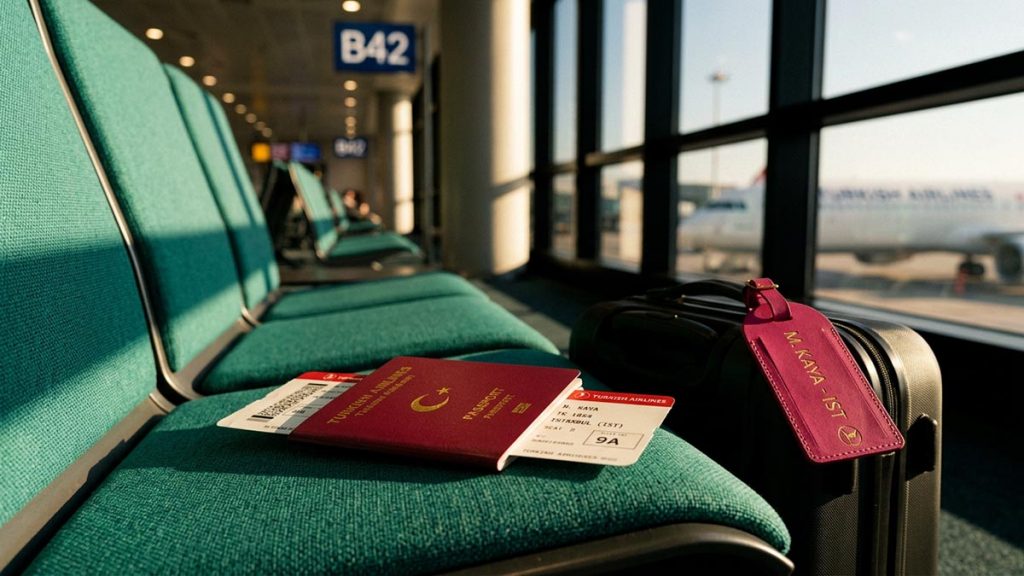 A still-life of a boarding pass, a passport and a cabin bag on an airport seat, illustrating the Dua Before Boarding an Airplane.