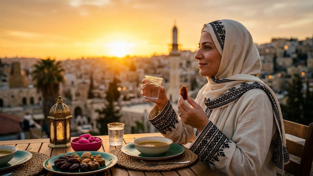A Muslim woman at a table set for breaking the fast at sunset, an opening scene for the Dua Before Breaking the Fast.