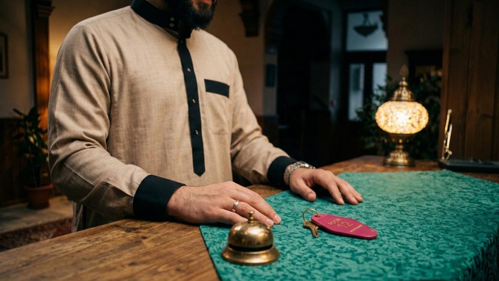 Close view of a Muslim man's hands and the room key during the Dua Before Checking Into Accommodation.
