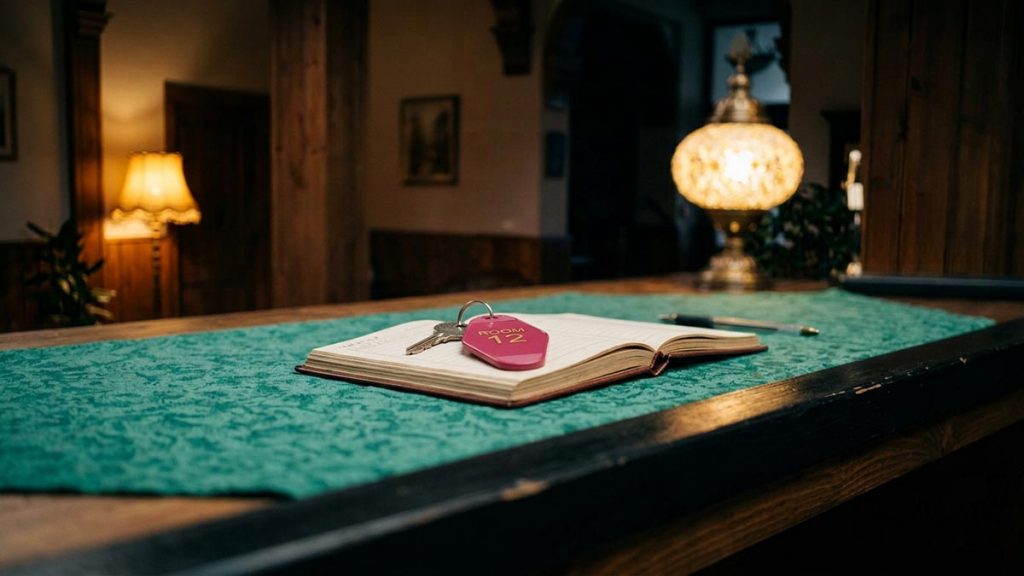 A still-life of a room key on a fob and a guest book on a reception desk, illustrating the Dua Before Checking Into Accommodation.