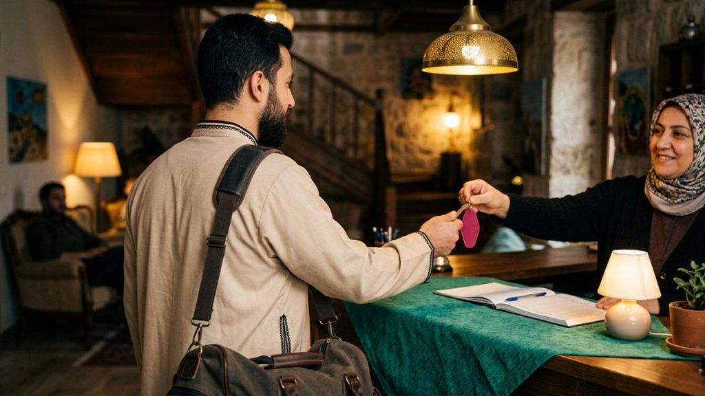 A Muslim man seen from behind at a small guesthouse reception desk, reflecting the Dua Before Checking Into Accommodation.