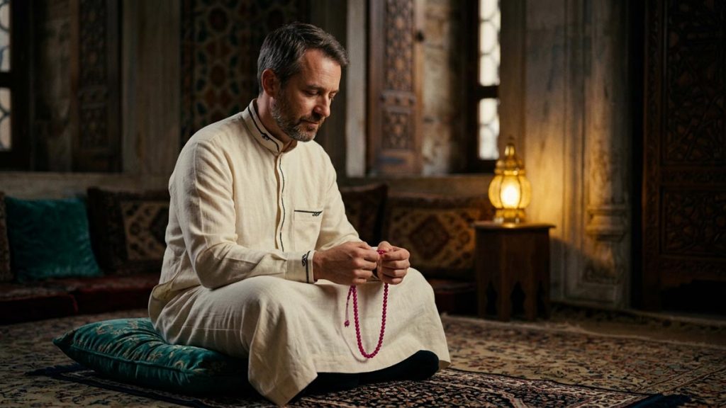 A Muslim man in a quiet corner with prayer beads in hand, an opening scene for the Dua Before Dhikr.