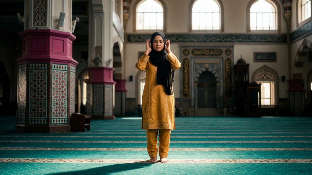 A Muslim woman in a mosque hall at the height of the midday sun, an opening scene for the Dua Before Dhuhr.