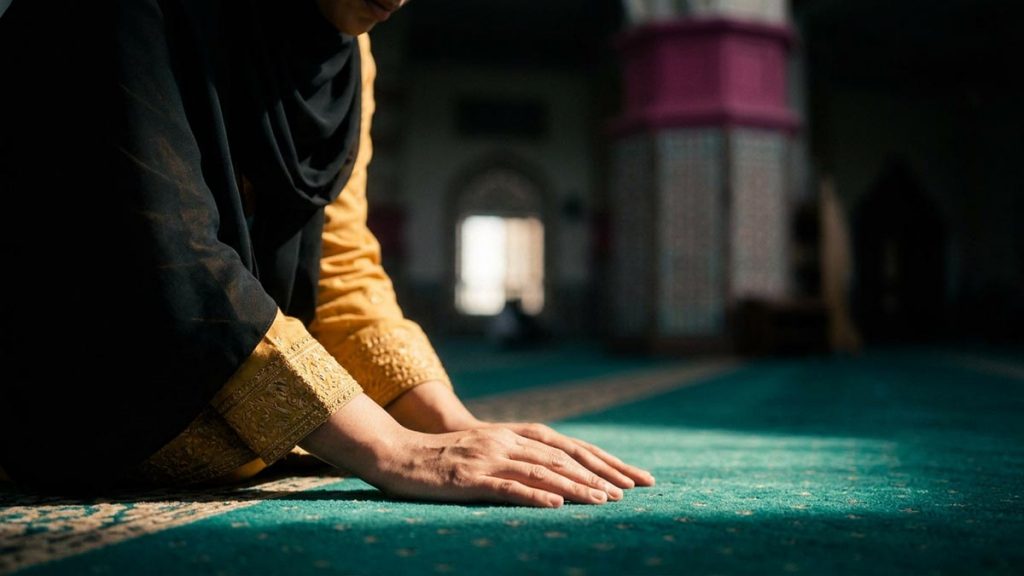 Close view of a Muslim woman's hands and the prayer hall floor lit during the Dua Before Dhuhr.