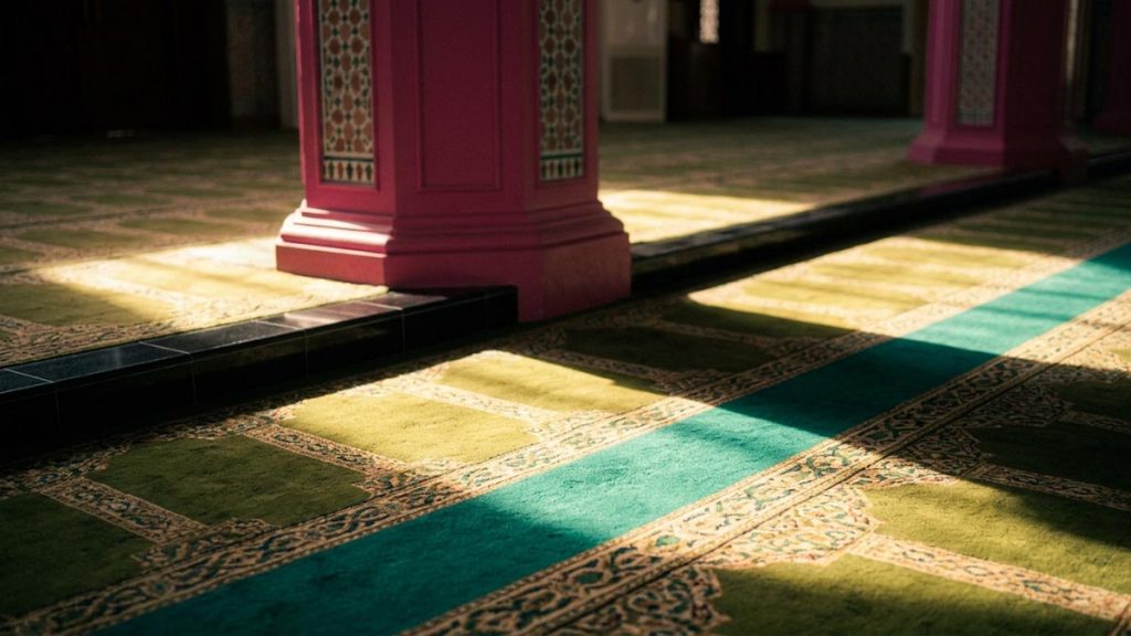 A still-life of a prayer hall floor lit by strong midday light from high windows, illustrating the Dua Before Dhuhr.