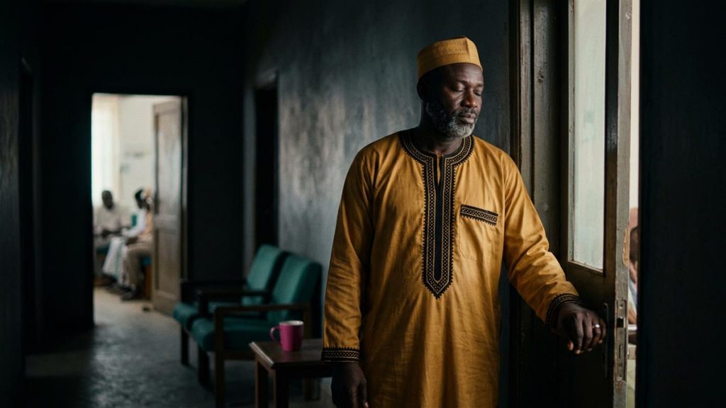 A Muslim man in a corridor outside a room where a hard talk waits, an opening scene for the Dua Before Difficult Conversations.