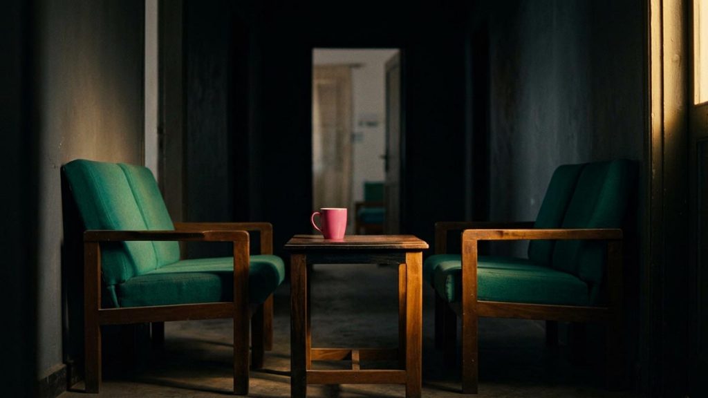 A still-life of two chairs facing each other across a small table in an empty room, illustrating the Dua Before Difficult Conversations.