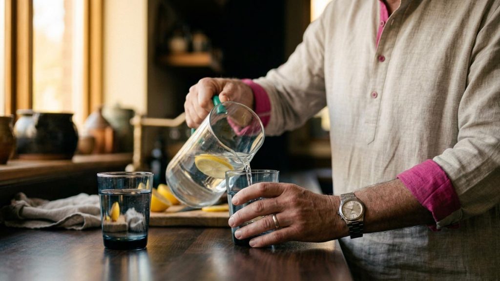 Close view of a Muslim man's hands and the glass jug and a filled tumbler of water during the Dua Before Drinking.