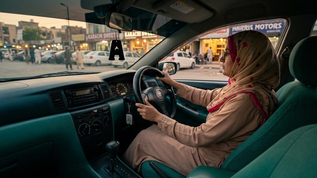A Muslim woman in the driver's seat of a parked car, an opening scene for the Dua Before Driving.
