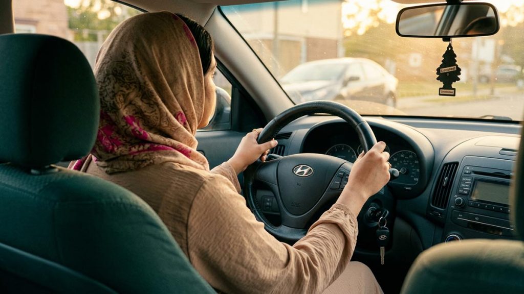 A Muslim woman seen from behind in the driver's seat of a parked car, reflecting the Dua Before Driving.
