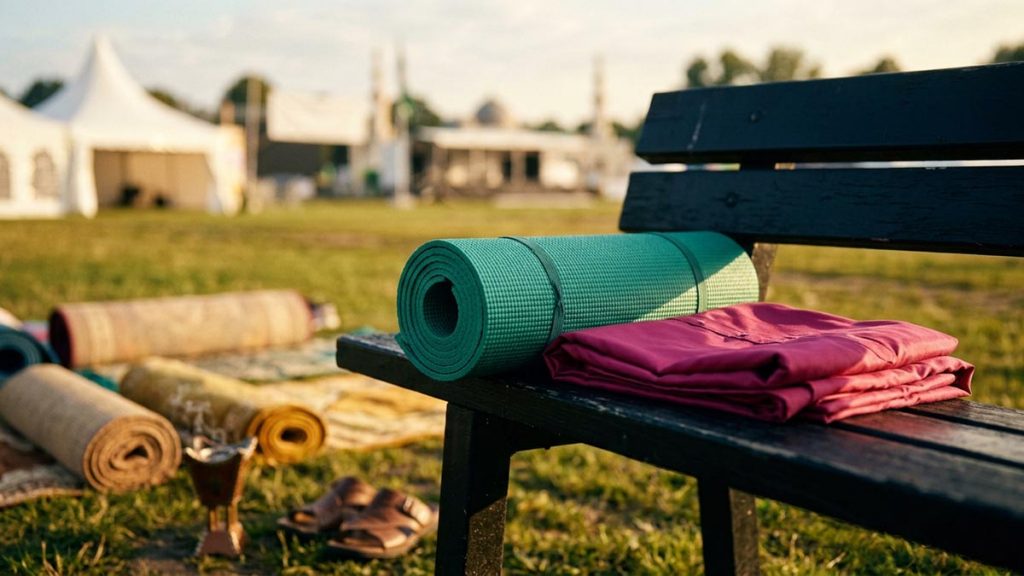 A still-life of rolled prayer mats and fresh clothes laid out on Eid morning, illustrating the Dua Before Eid Prayer.