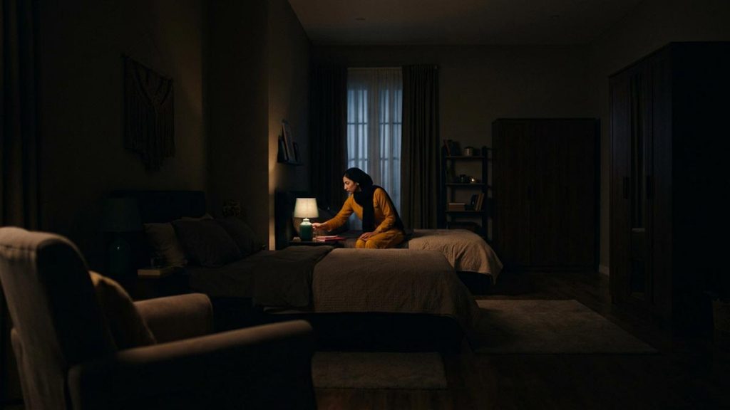 A Muslim woman in a quiet room as the last lamp is switched off, an opening scene for the Dua Before Ending the Day.
