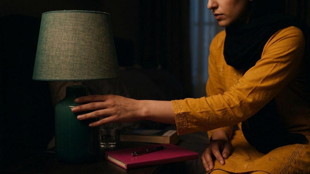 Close view of a Muslim woman's hands and the switched-off lamp during the Dua Before Ending the Day.