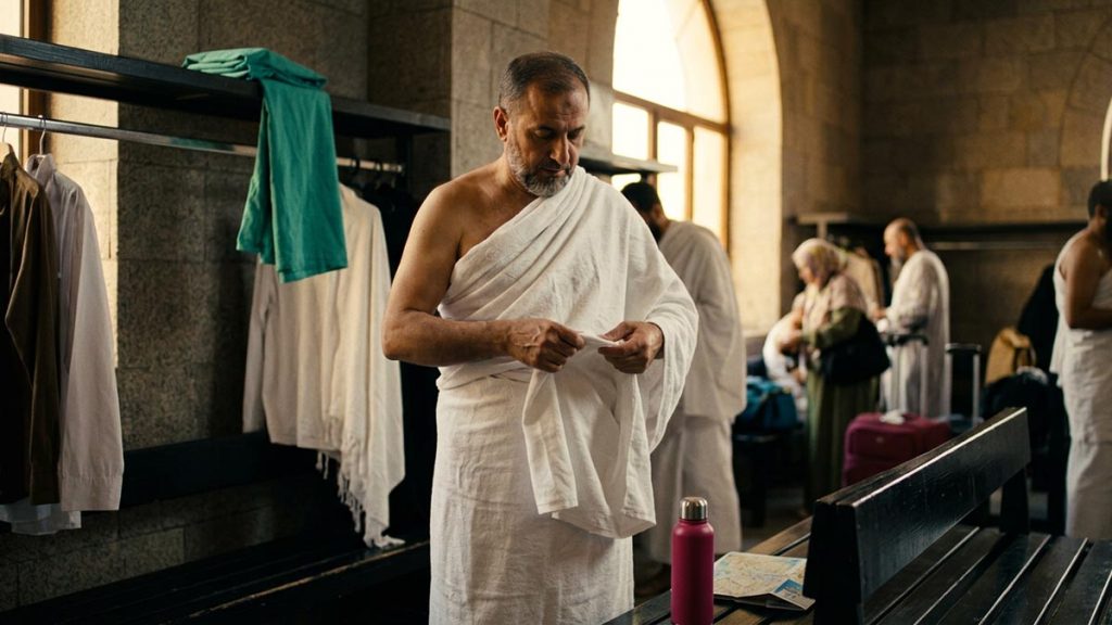 A Muslim pilgrim at a station where pilgrims prepare for pilgrimage, an opening scene for the Dua Before Entering Ihram.