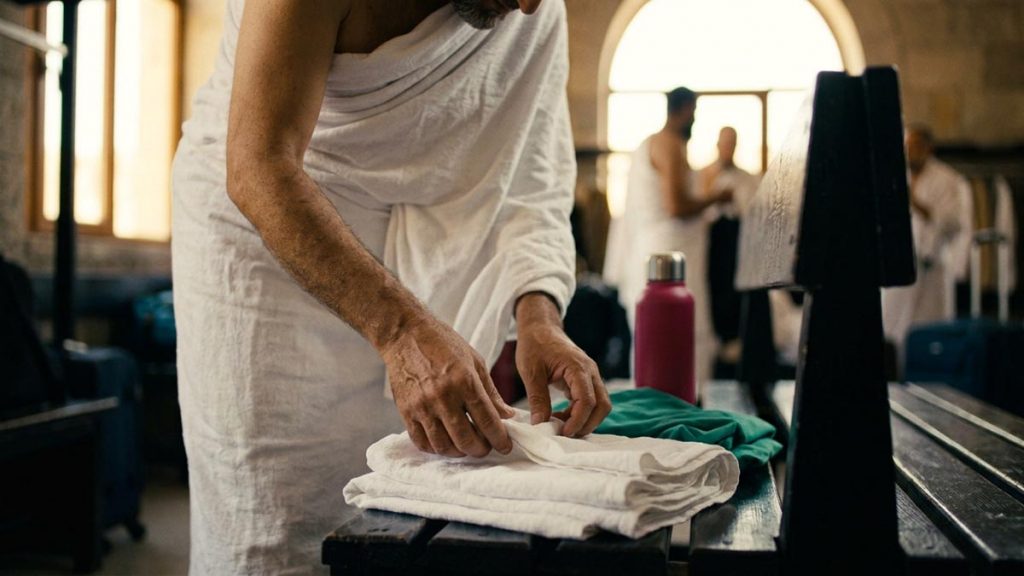 Close view of a Muslim pilgrim's hands and the folded white pilgrim garments during the Dua Before Entering Ihram.