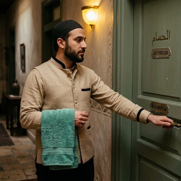 A Muslim man making the Dua Before Entering the Bathroom, in a clean hallway outside a closed bathroom door.