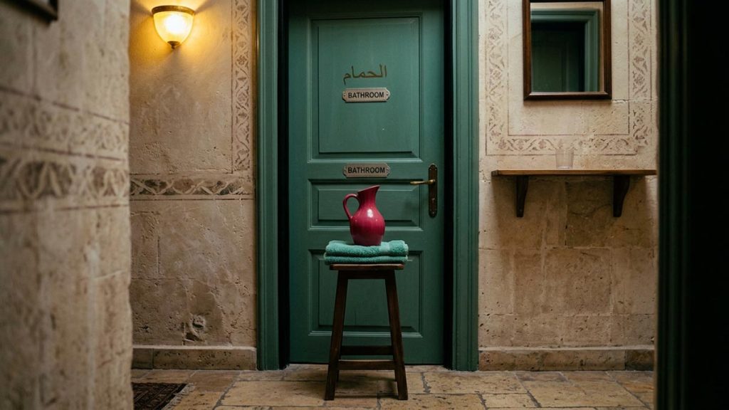 A still-life of a folded towel and a water jug set on a stool outside a closed door, illustrating the Dua Before Entering the Bathroom.