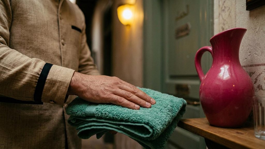Close view of a Muslim man's hands and the folded towel and a water jug during the Dua Before Entering the Bathroom.