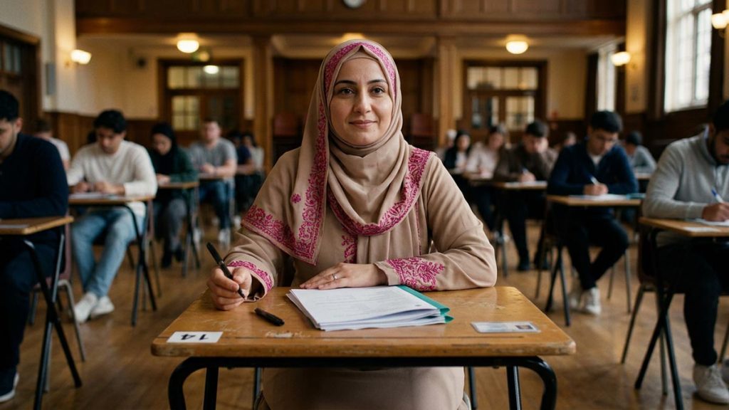 A Muslim woman at a school desk moments before an examination, an opening scene for the Dua Before Exams.