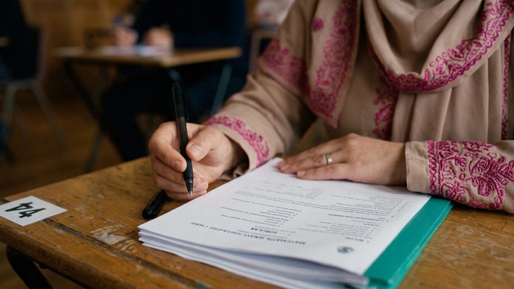 Close view of a Muslim woman's hands and the exam paper during the Dua Before Exams.