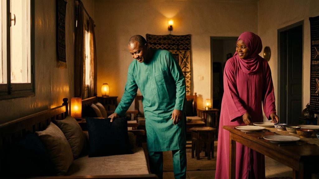 A Muslim family in a room being prepared for a family gathering, an opening scene for the Dua Before Family Gatherings.