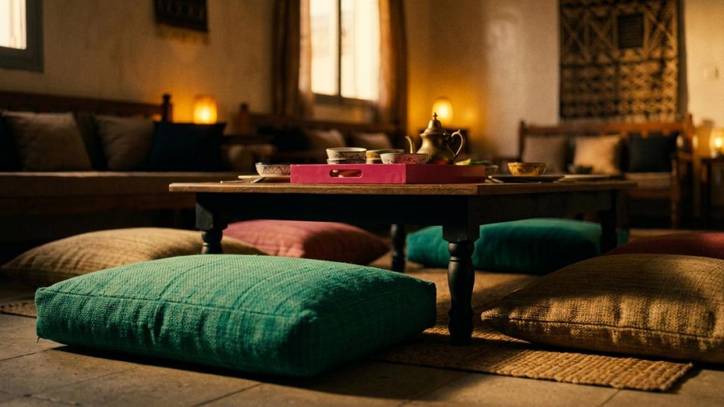 A still-life of floor cushions arranged around a low table set for a gathering, illustrating the Dua Before Family Gatherings.