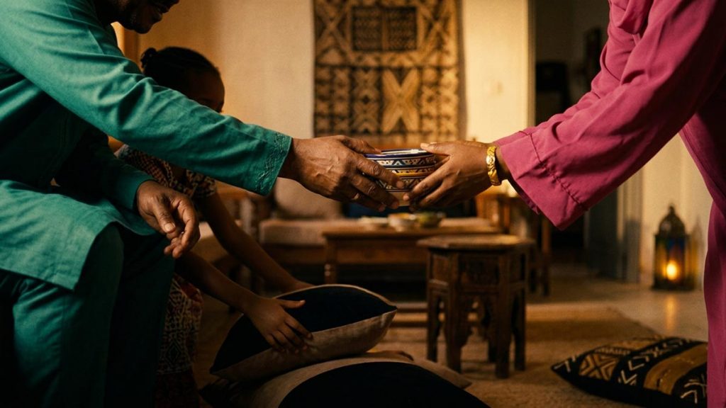 Close view of a Muslim family's hands and the floor cushions arranged around a low table during the Dua Before Family Gatherings.