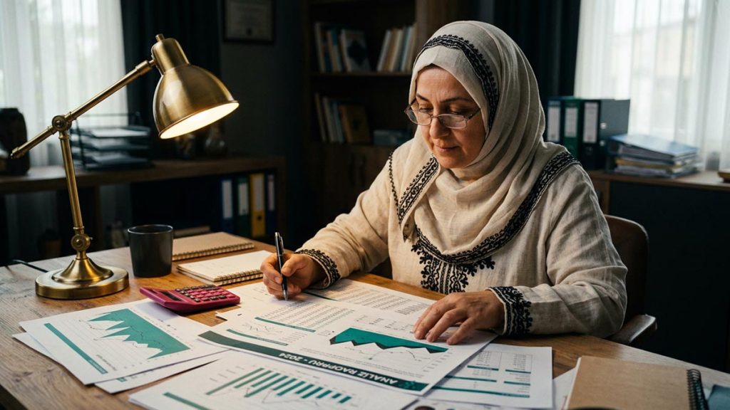 A Muslim woman at a desk with figures and charts spread out, an opening scene for the Dua Before Investment Decisions.