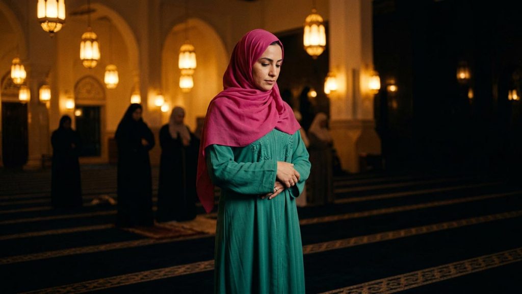 A Muslim woman in a mosque hall lit by lanterns at night, an opening scene for the Dua Before Isha.