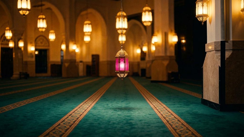 A still-life of a lantern-lit prayer hall with the carpet ready for the night prayer, illustrating the Dua Before Isha.