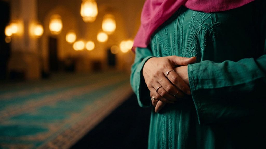 Close view of a Muslim woman's hands and the lantern-lit prayer hall during the Dua Before Isha.