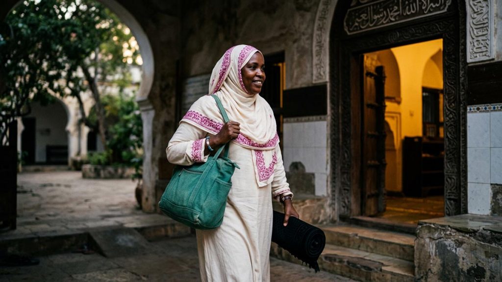 A Muslim woman at the mosque entrance with a bag for the days of seclusion, an opening scene for the Dua Before Itikaf.