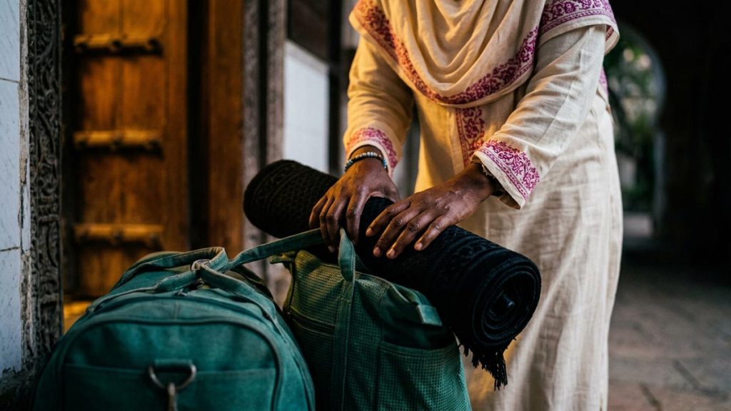 Close view of a Muslim woman's hands and the packed bag and a rolled mat during the Dua Before Itikaf.