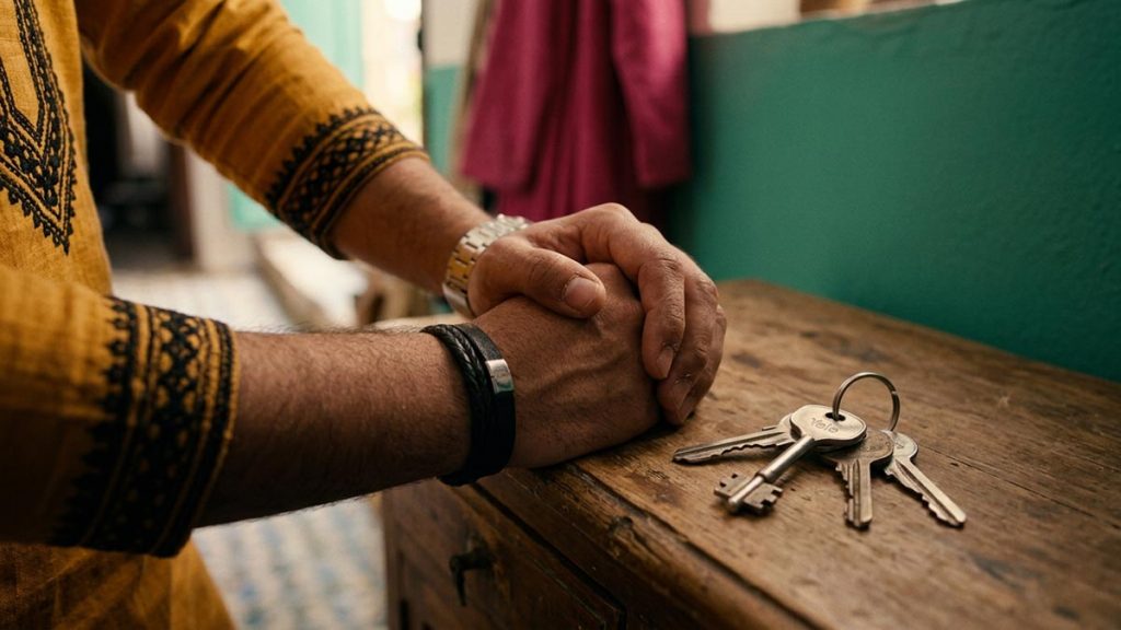 Close view of a Muslim man's hands and the set of house keys during the Dua Before Leaving the Home.