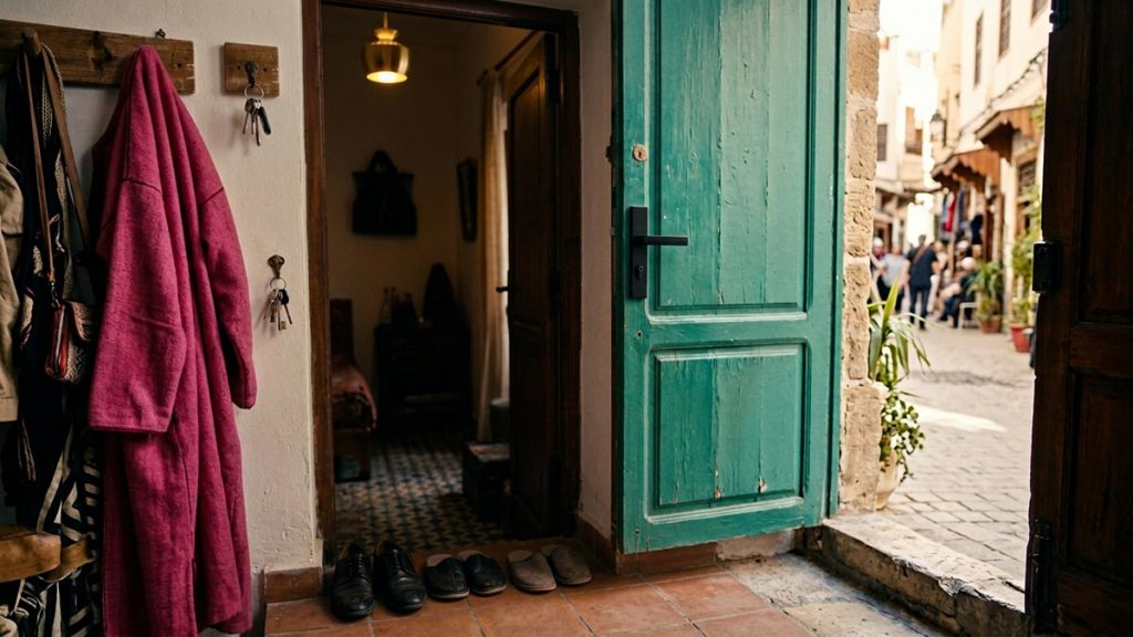 A still-life of a set of house keys, a coat on a hook and shoes lined neatly by a front door, illustrating the Dua Before Leaving the Home.