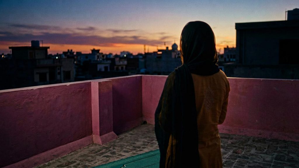 A Muslim woman seen from behind on a rooftop terrace as the sun sets, reflecting the Dua Before Maghrib.