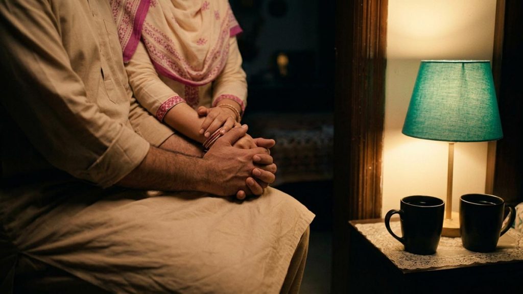 Close view of a Muslim family's hands and the bedside lamp and two cups of water during the Dua Before Marital Relations.