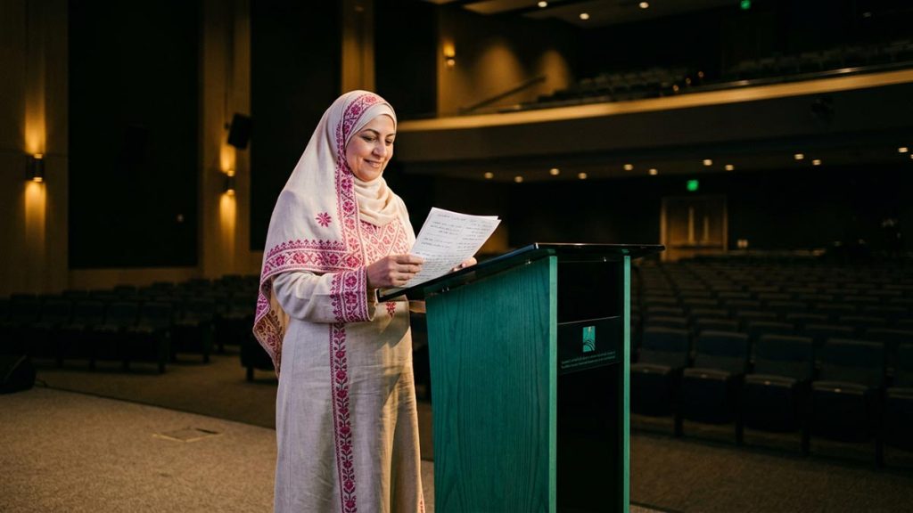 A Muslim woman beside a lectern before an audience arrives, an opening scene for the Dua Before Public Speaking.
