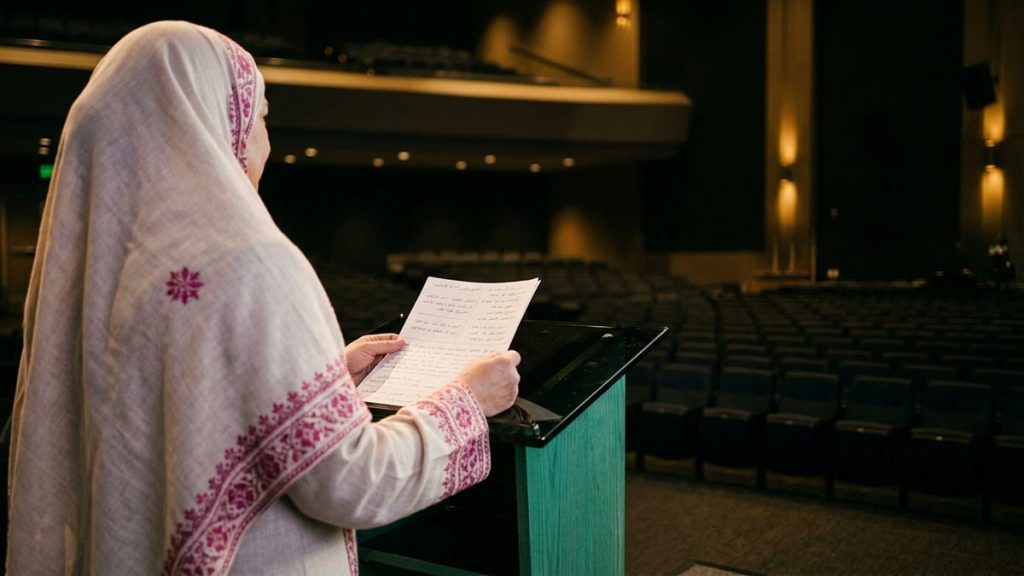 A Muslim woman seen from behind beside a lectern before an audience arrives, reflecting the Dua Before Public Speaking.