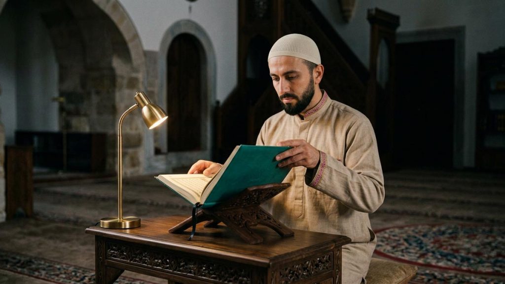 A Muslim man at a low table with a carved wooden Quran stand, an opening scene for the Dua Before Reading the Quran.