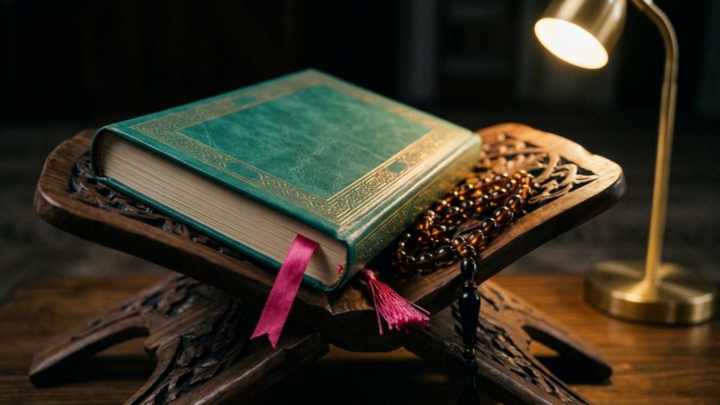 A still-life of a closed mushaf resting on a carved wooden stand beside prayer beads, illustrating the Dua Before Reading the Quran.