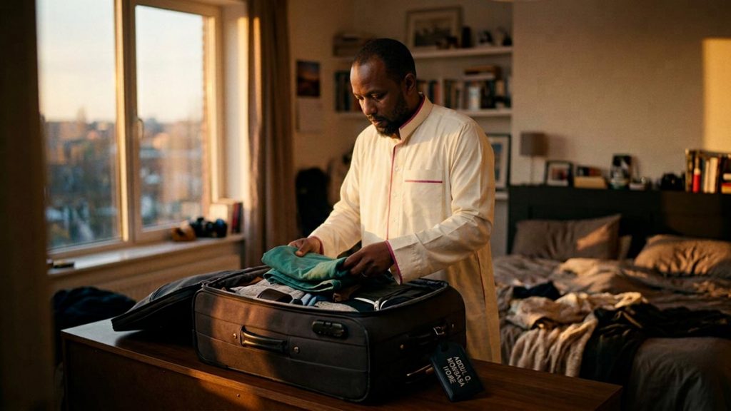 A Muslim man in a guest room folding clothes into a suitcase, an opening scene for the Dua Before Returning Home.