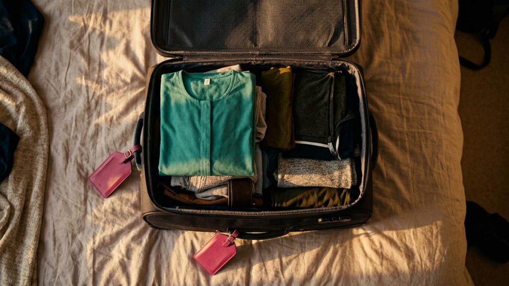 A still-life of a half-packed suitcase with neatly folded clothes on a bed, illustrating the Dua Before Returning Home.