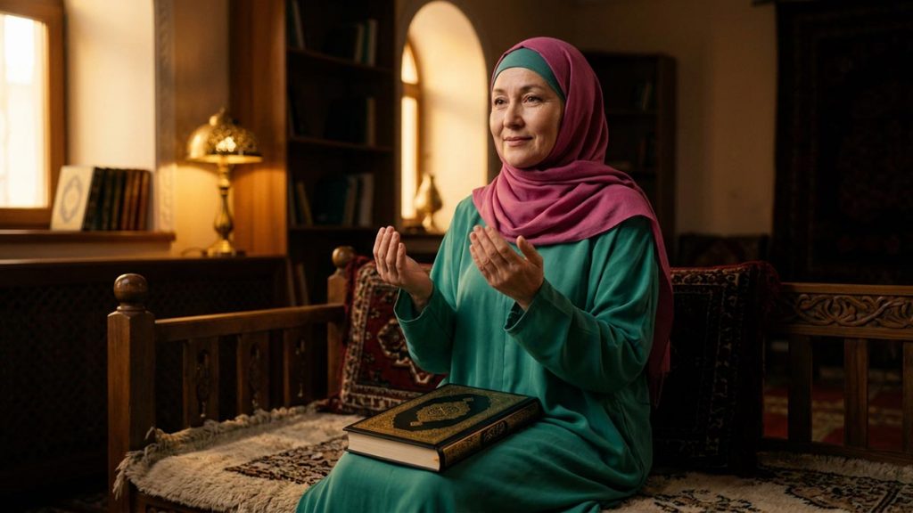 A Muslim woman in a quiet room prepared for recitation, an opening scene for the Dua Before Ruqyah.