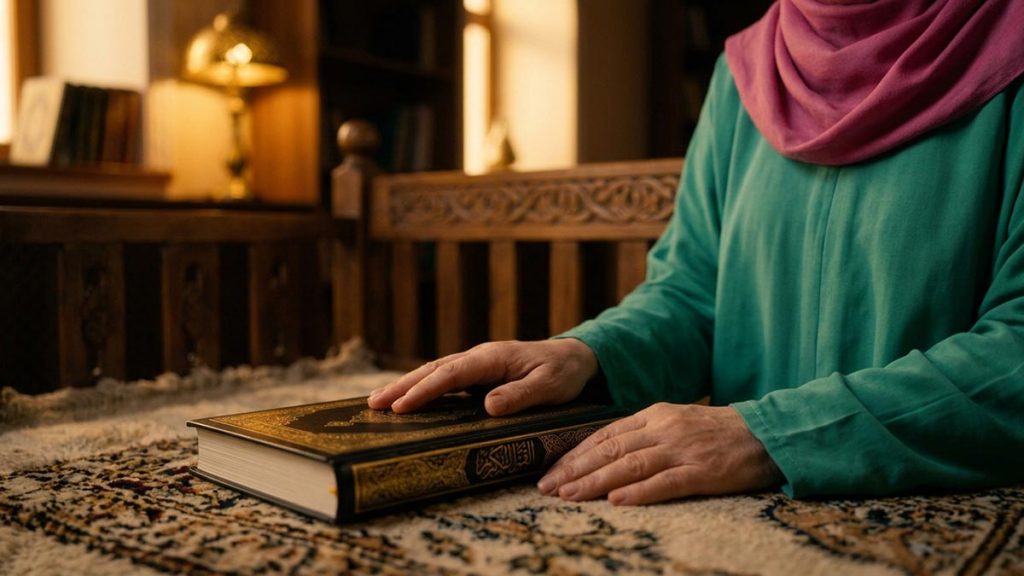 Close view of a Muslim woman's hands and the closed Quran during the Dua Before Ruqyah.
