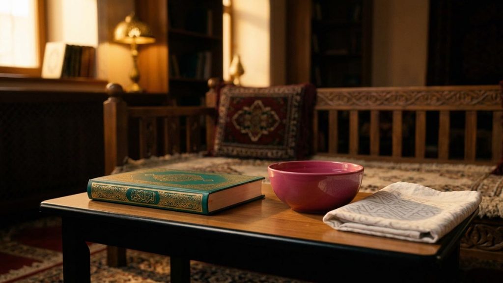 A still-life of a closed Quran, a bowl of water and a folded cloth prepared on a low table, illustrating the Dua Before Ruqyah.