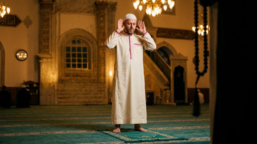 A Muslim man on a prayer mat facing the prayer niche, an opening scene for the Dua Before Salah.