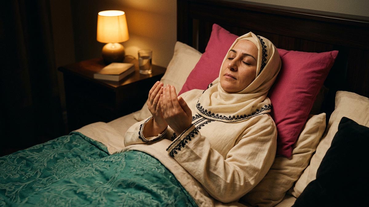 A Muslim woman making the Dua Before Sleeping, in a quiet bedroom at night.