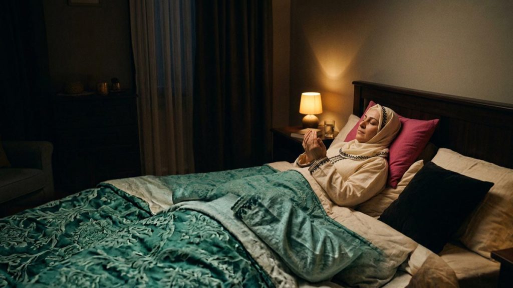 A Muslim woman in a quiet bedroom at night, an opening scene for the Dua Before Sleeping.