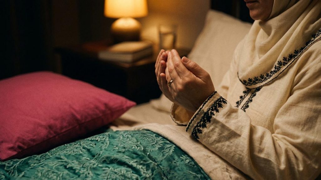 Close view of a Muslim woman's hands and the turned-down bedding during the Dua Before Sleeping.